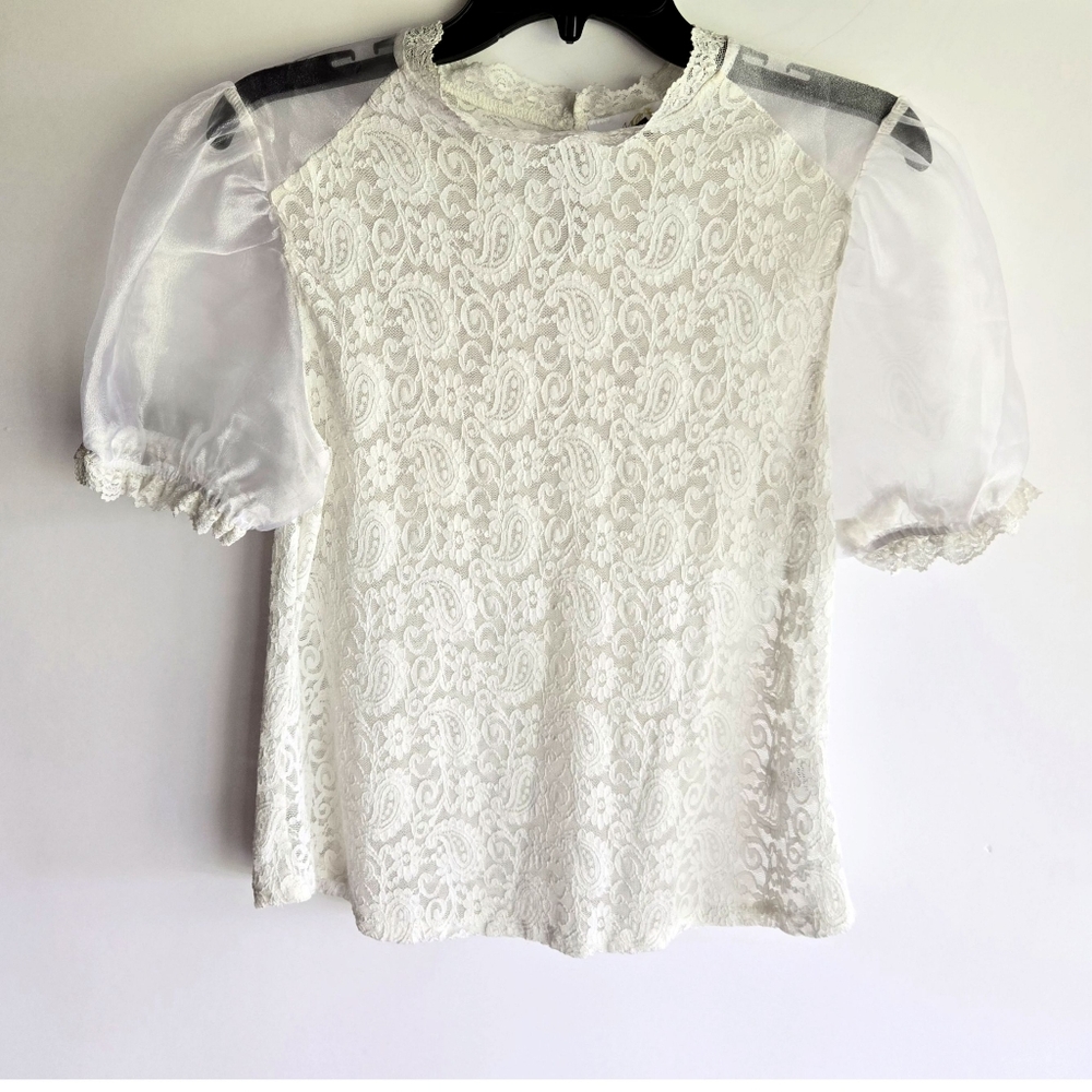 Melograno Rico Cottagecore Organza Puff Sleeve Sheer Lace Ivory Top